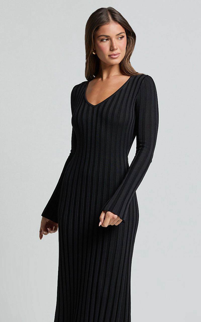 Showpo Astra Midi Dress - V Neck Long Sleeve Knit Dress Black | DCJTMY072