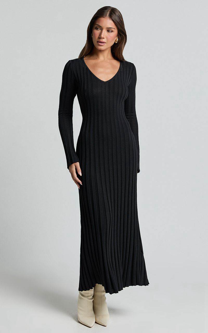 Showpo Astra Midi Dress - V Neck Long Sleeve Knit Dress Black | DCJTMY072