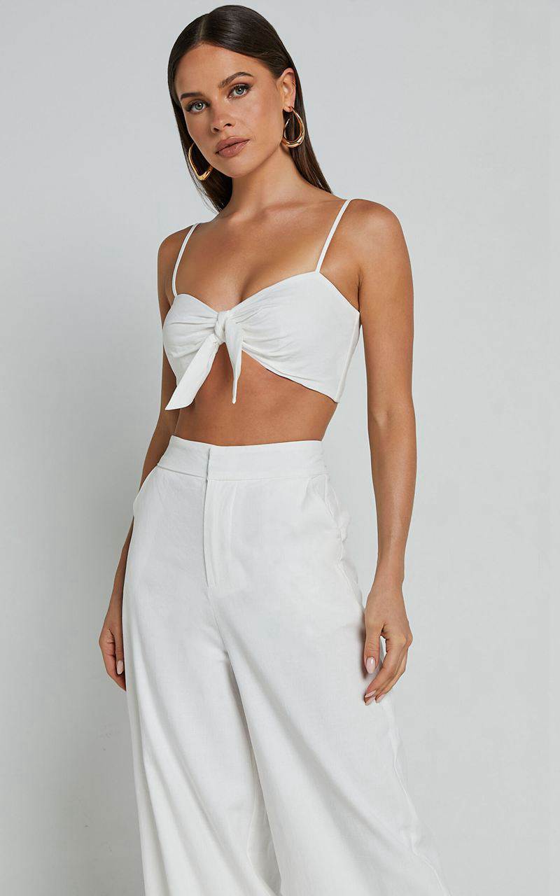 Showpo Astria Two Piece Set - Tie Top And High Waisted Wide Leg Pants Set White | HEVTNK532