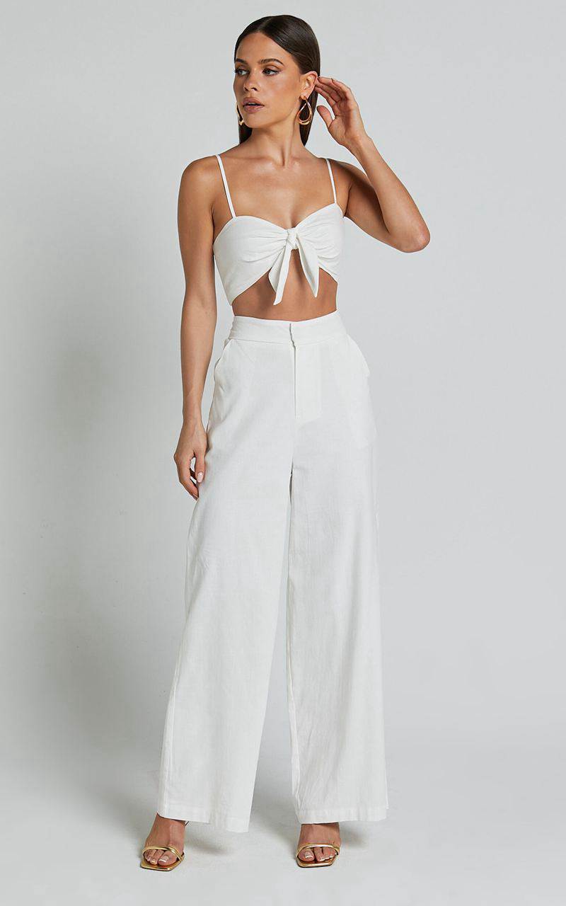 Showpo Astria Two Piece Set - Tie Top And High Waisted Wide Leg Pants Set White | HEVTNK532