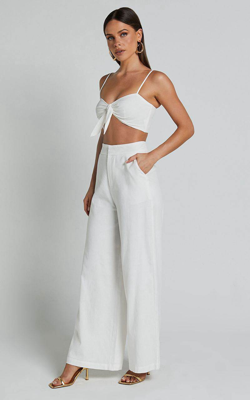 Showpo Astria Two Piece Set - Tie Top And High Waisted Wide Leg Pants Set White | HEVTNK532