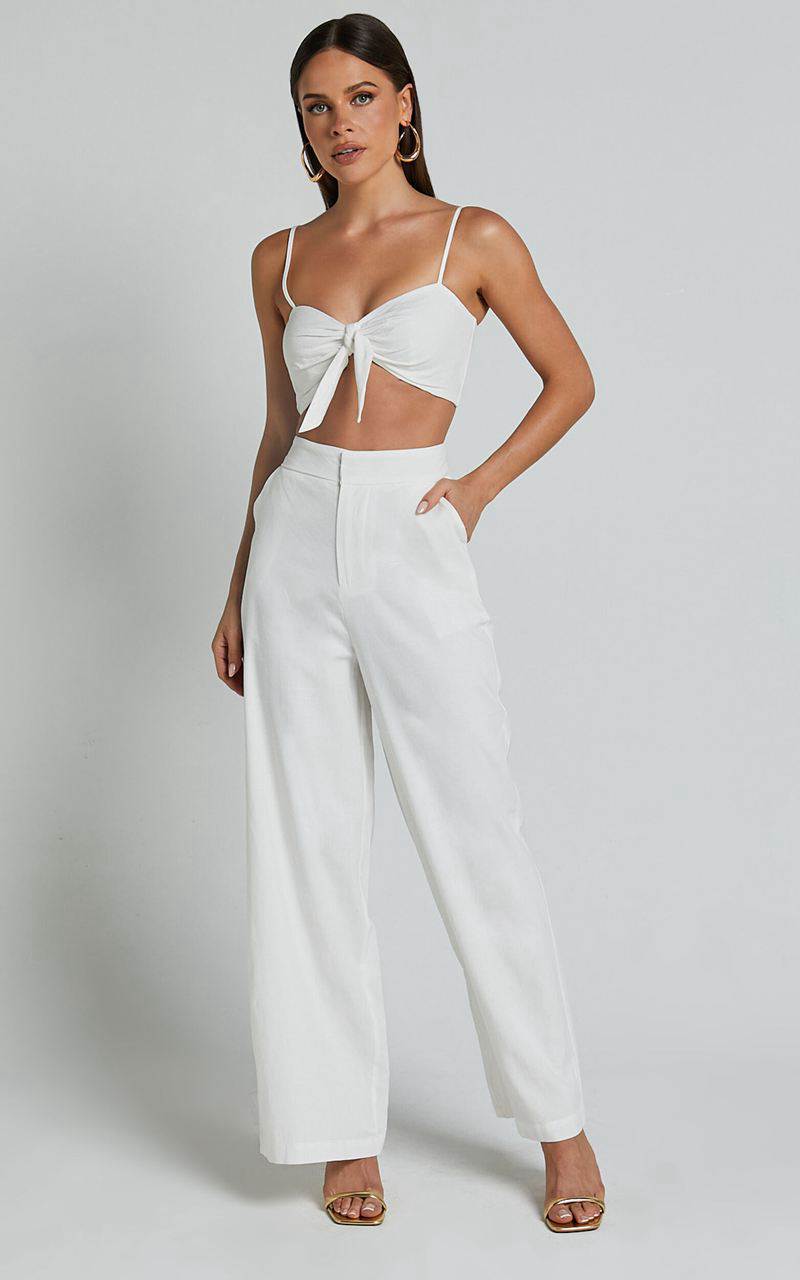 Showpo Astria Two Piece Set - Tie Top And High Waisted Wide Leg Pants Set White | HEVTNK532