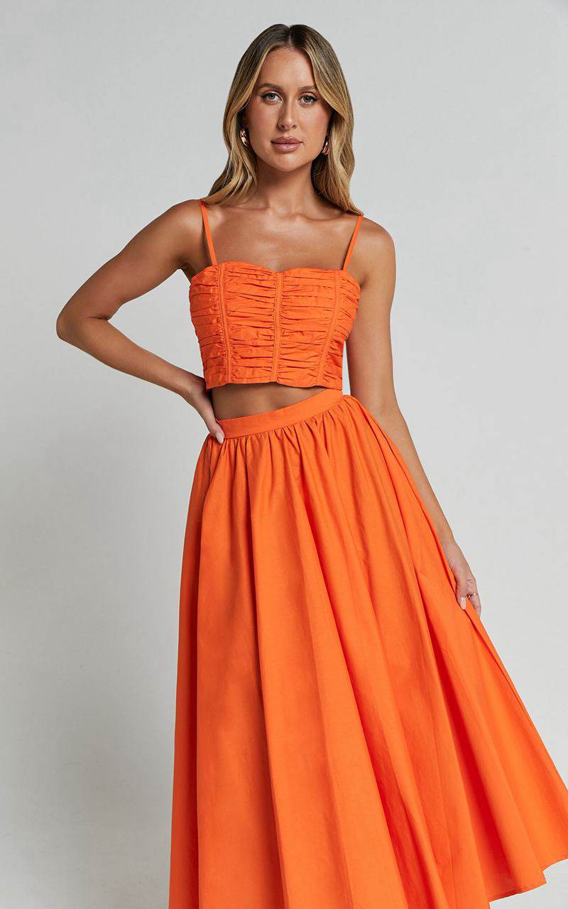 Showpo Astrid Two Piece Set - Ruched Chest Top And Midi Skirt Set Orange | HVFJTC912