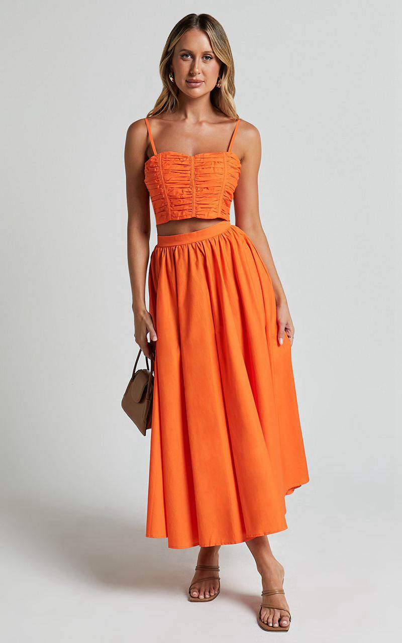 Showpo Astrid Two Piece Set - Ruched Chest Top And Midi Skirt Set Orange | HVFJTC912