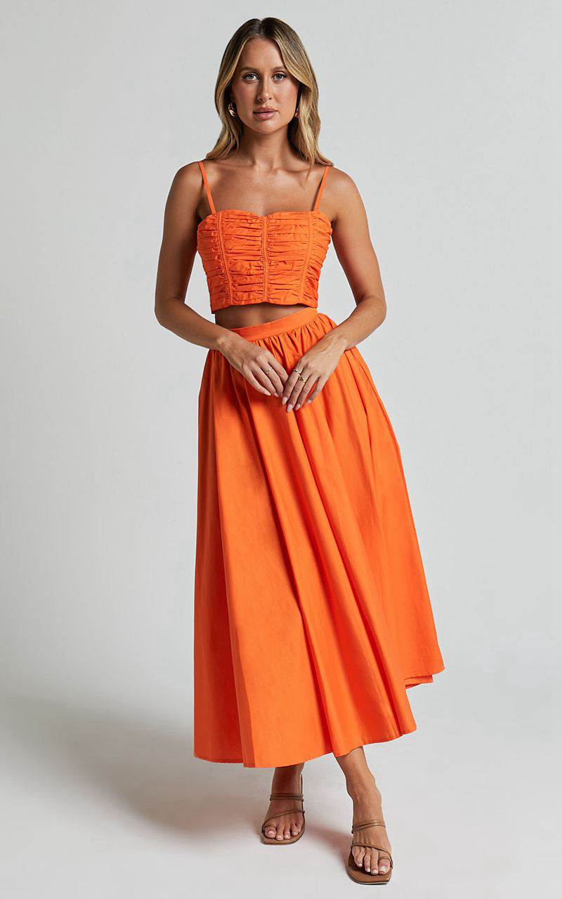 Showpo Astrid Two Piece Set - Ruched Chest Top And Midi Skirt Set Orange | HVFJTC912