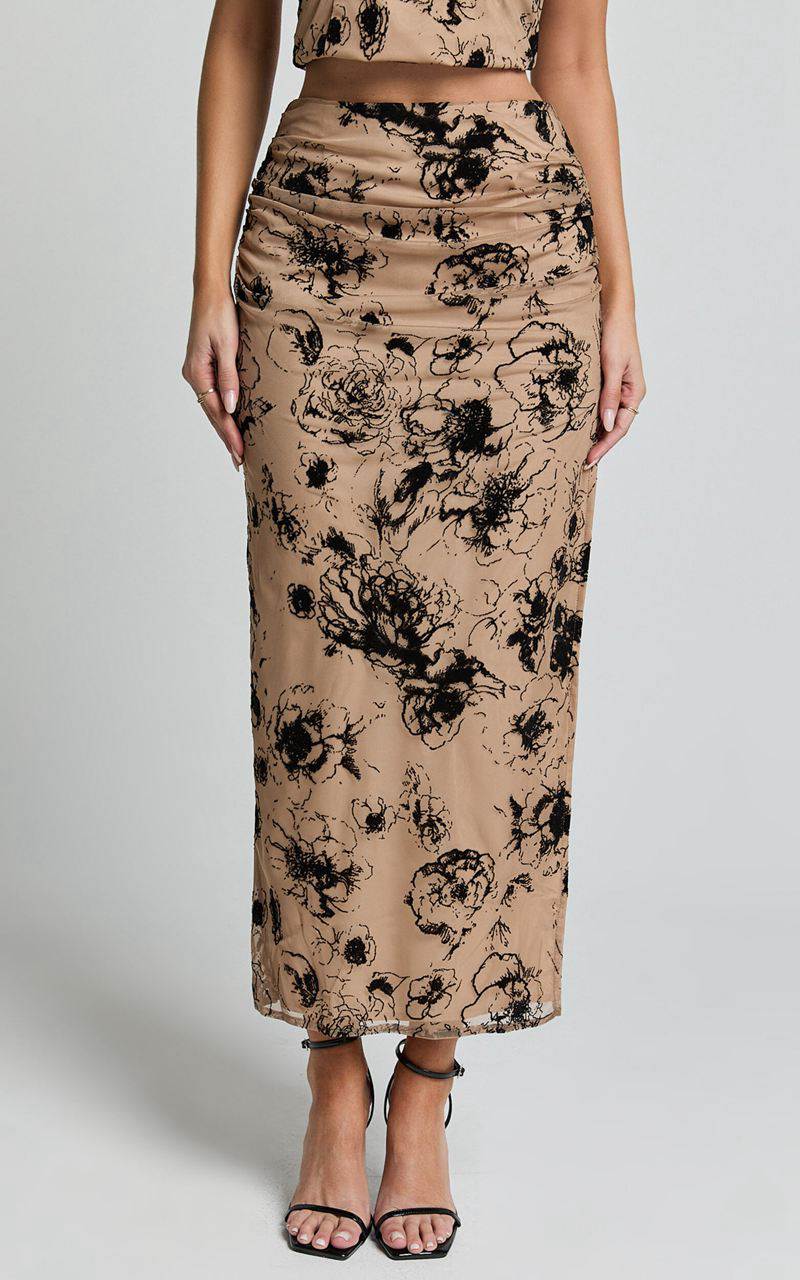 Showpo Athena Maxi Skirt - Floral Mesh High Waist Skirt Brown And Black Burnout | SIXRZN720