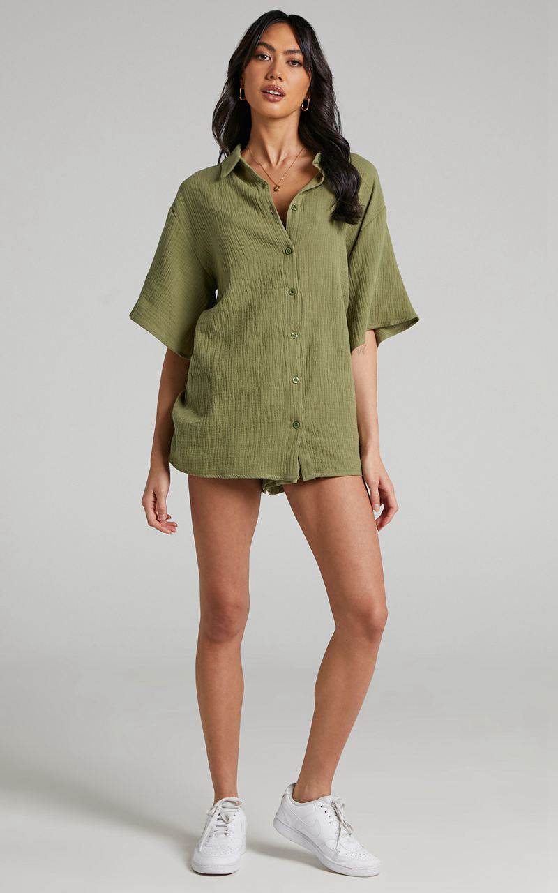 Showpo Atom Muslin Shirt - Oversized Button Up Shirt Khaki | ZOQJAV486