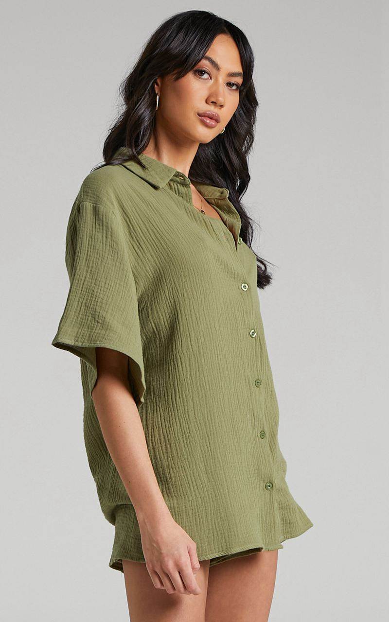 Showpo Atom Muslin Shirt - Oversized Button Up Shirt Khaki | ZOQJAV486