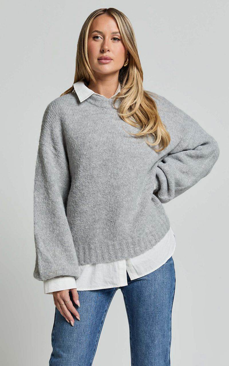 Showpo Aubrey Jumper - Crew Neck Knit Jumper Grey Marle | TWYBEM526