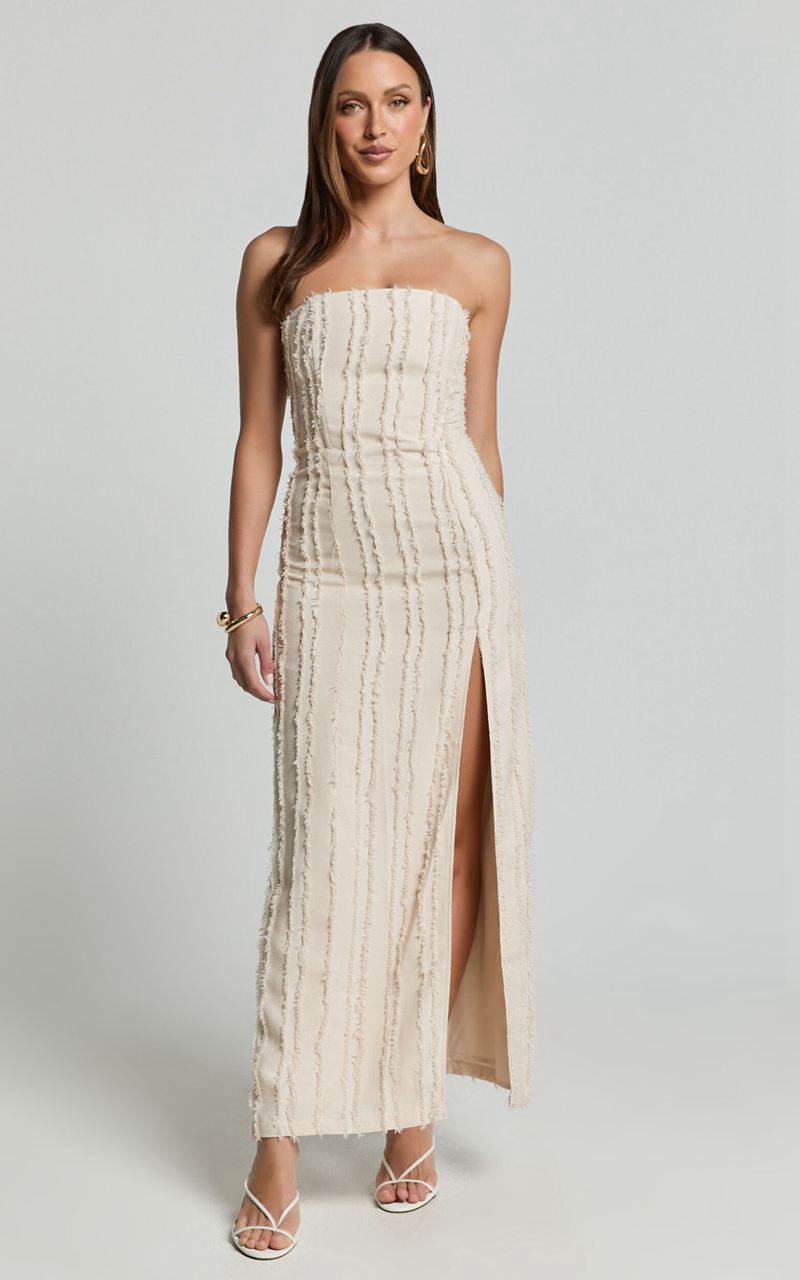 Showpo Aubrey Midi Dress - Strapless Thigh Split Dress Cream | SROQMB325