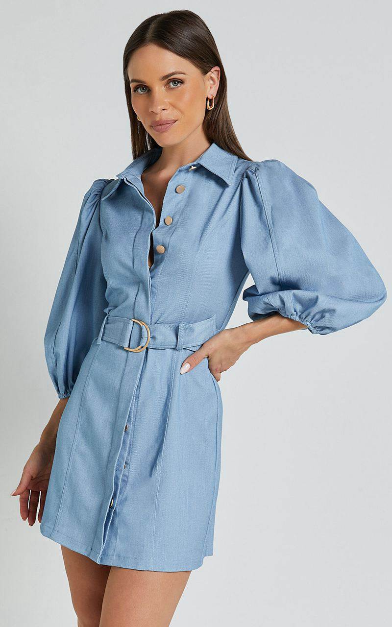 Showpo Aubrie Mini Dress - Blouson Sleeve Button Through Belted Dress Light Blue | YKWFIP471