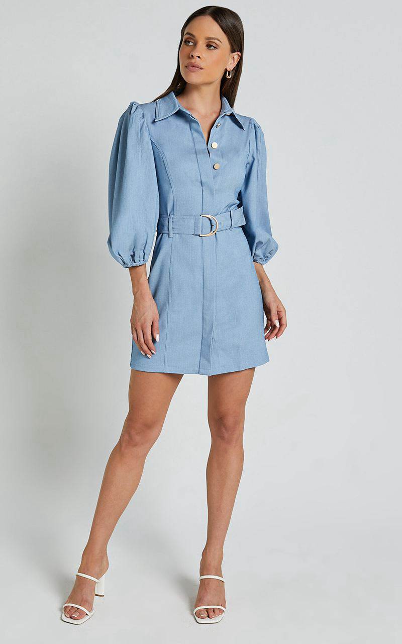 Showpo Aubrie Mini Dress - Blouson Sleeve Button Through Belted Dress Light Blue | YKWFIP471