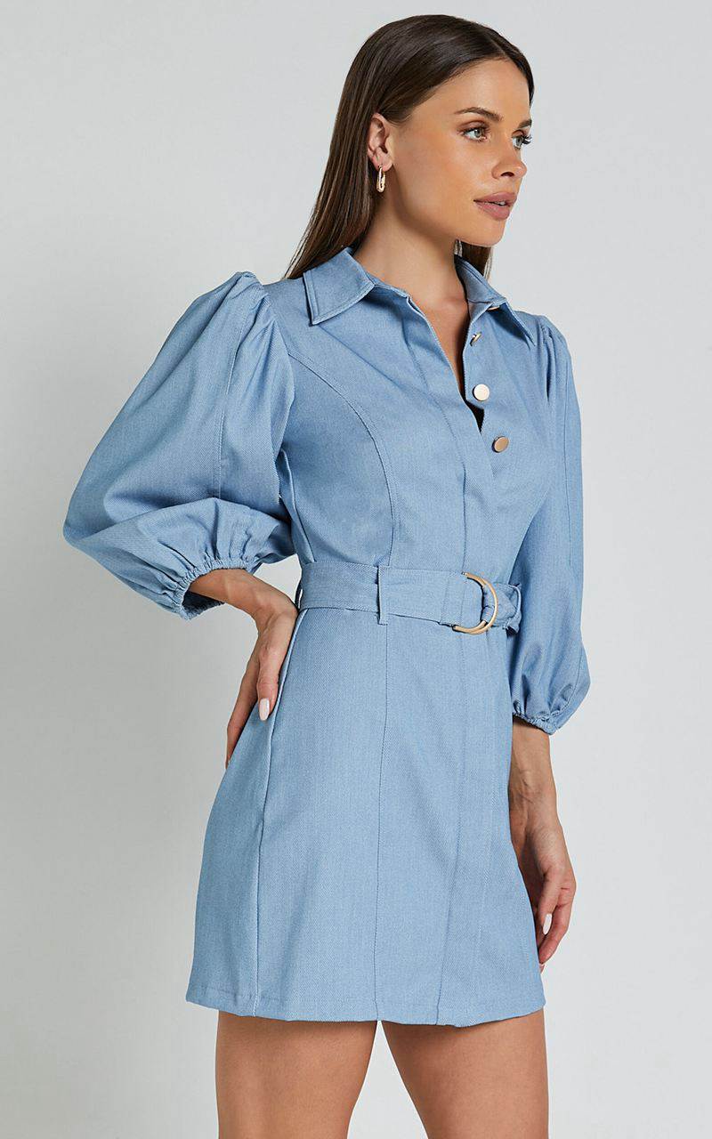 Showpo Aubrie Mini Dress - Blouson Sleeve Button Through Belted Dress Light Blue | YKWFIP471