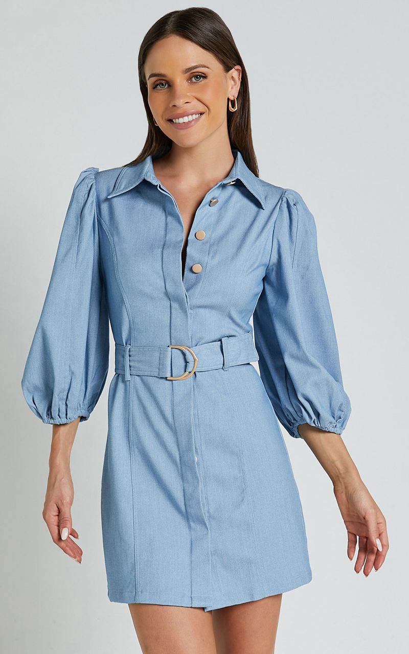 Showpo Aubrie Mini Dress - Blouson Sleeve Button Through Belted Dress Light Blue | YKWFIP471