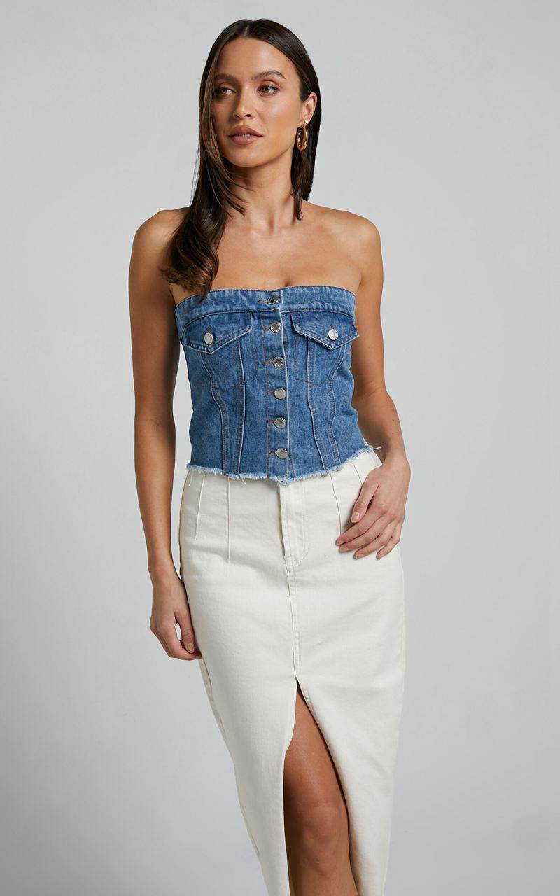 Showpo Aubrielle Bustier - Denim Bustier With Pocket Details Mid Blue Wash | PFTICB309