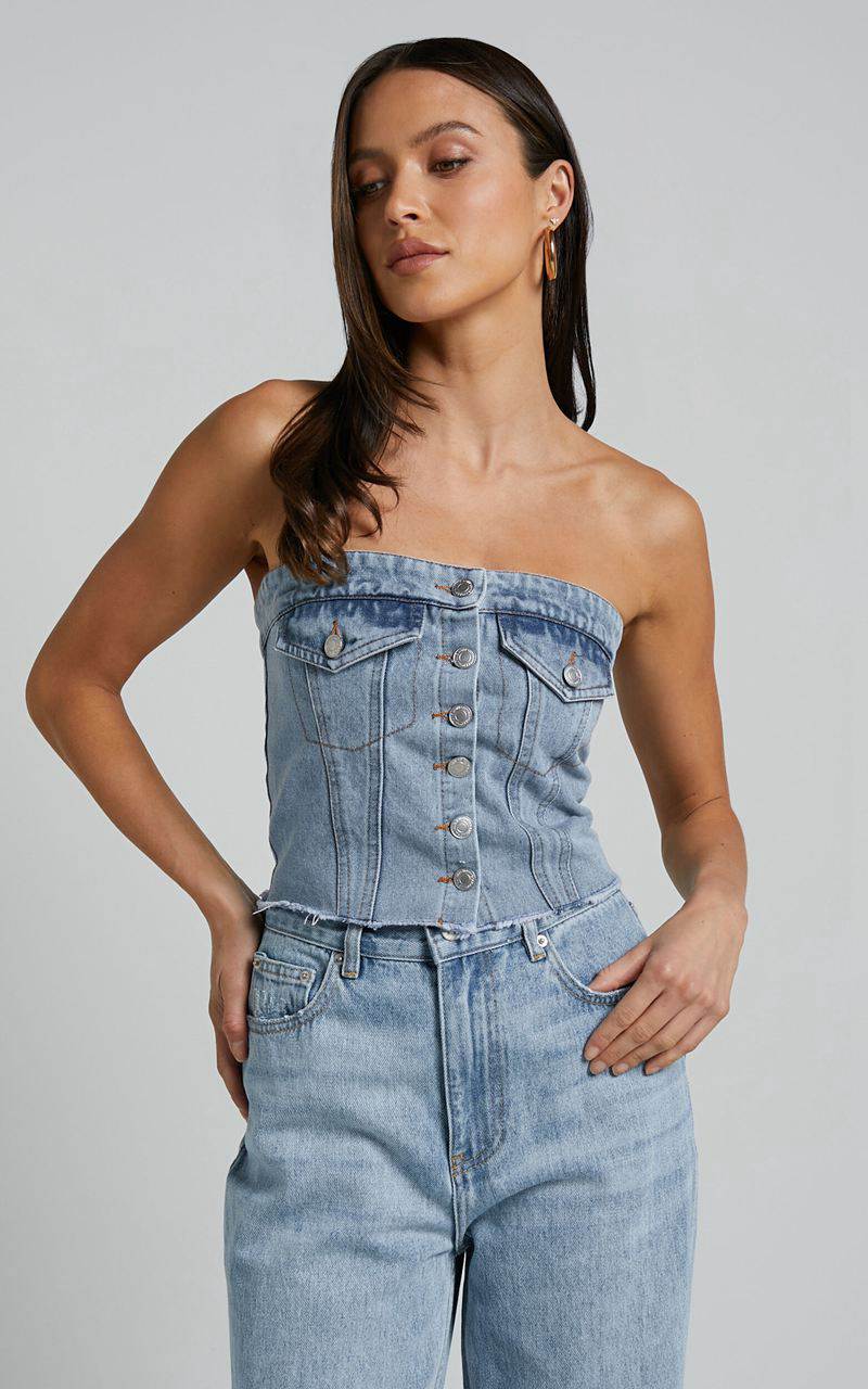 Showpo Aubrielle Bustier - Denim Bustier With Pocket Details Indigo Wash | EZUJFX816