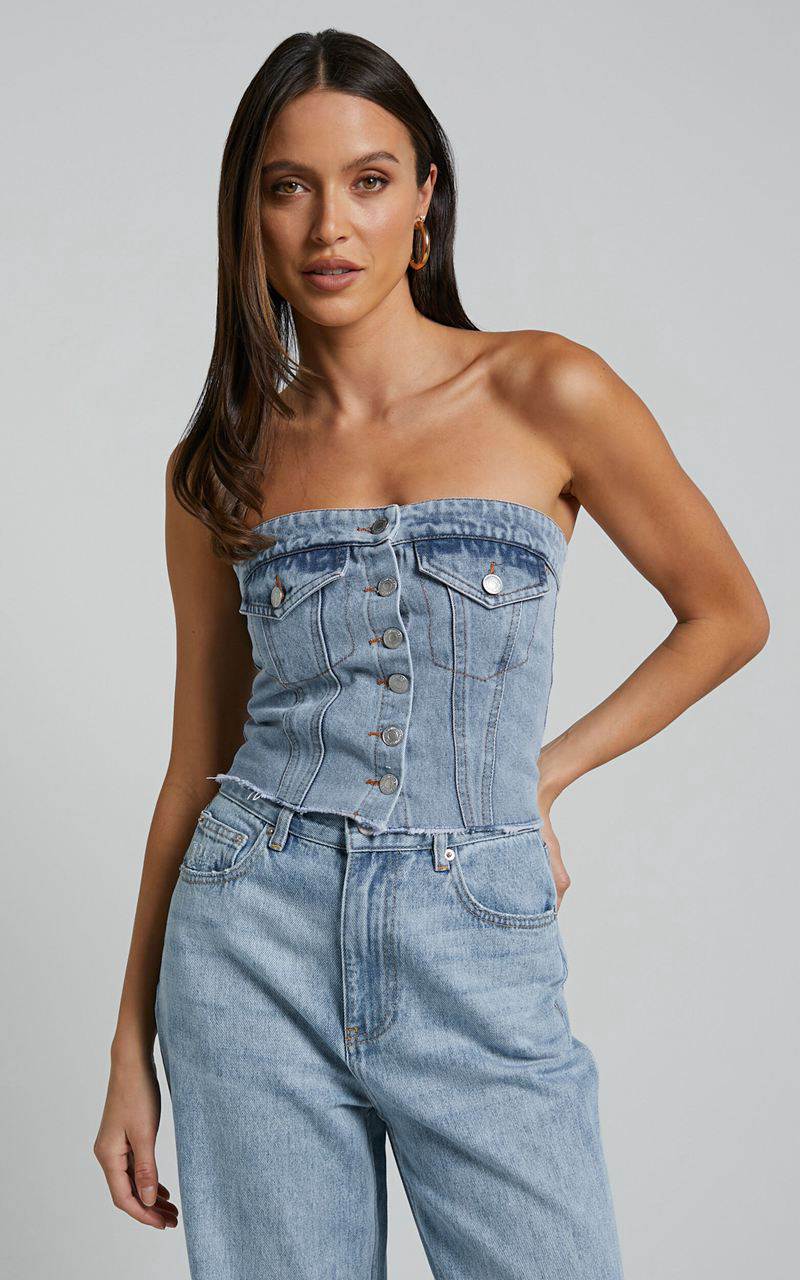 Showpo Aubrielle Bustier - Denim Bustier With Pocket Details Indigo Wash | EZUJFX816