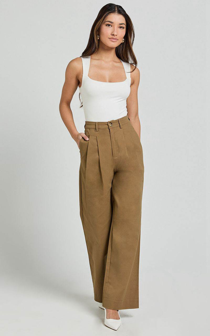 Showpo Audrey Pants - High Waist Tailored Twill Pants Mushroom | GEASWT640