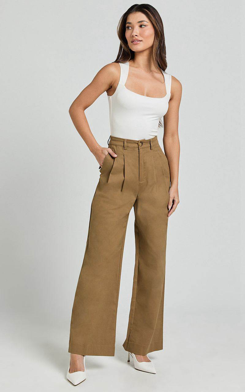 Showpo Audrey Pants - High Waist Tailored Twill Pants Mushroom | GEASWT640