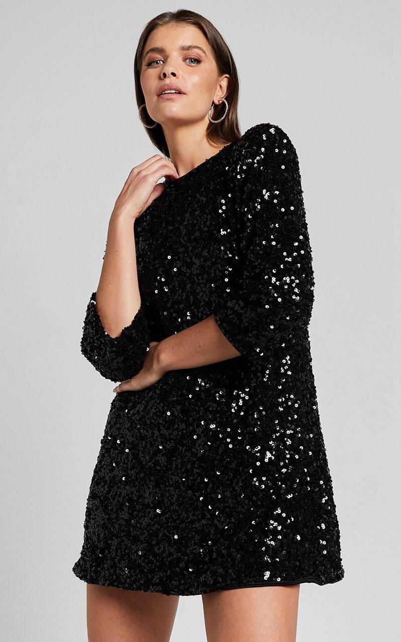 Showpo Audrienna Mini Dress - Sequin Long Sleeve Scoop Neck Black | QJDNGB795