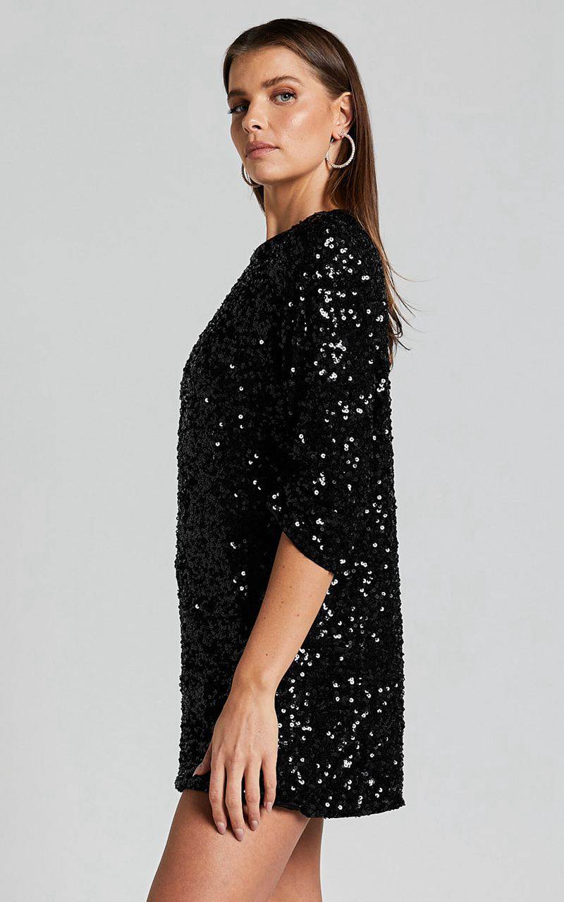 Showpo Audrienna Mini Dress - Sequin Long Sleeve Scoop Neck Black | QJDNGB795