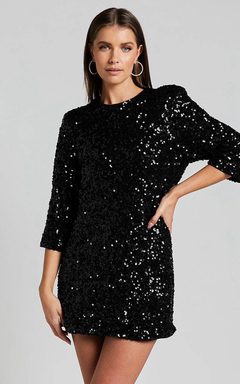 Showpo Audrienna Mini Dress - Sequin Long Sleeve Scoop Neck Black | QJDNGB795