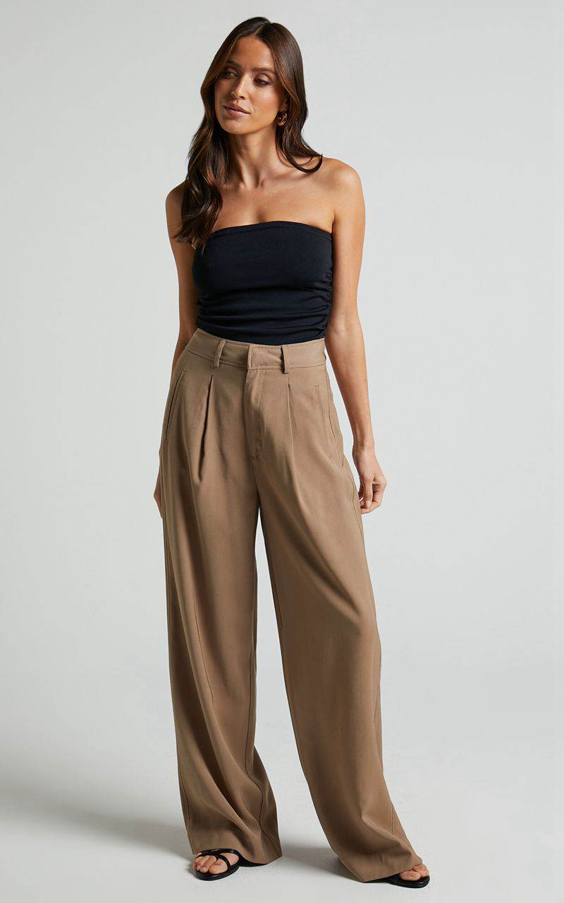 Showpo Augustus Pants - High Waisted Wide Leg Tailored Pants Latte | CODQTJ209