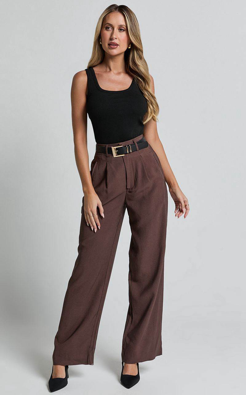 Showpo Augustus Pants - High Waisted Wide Leg Tailored Pants Dark Oak | DTJGQN970