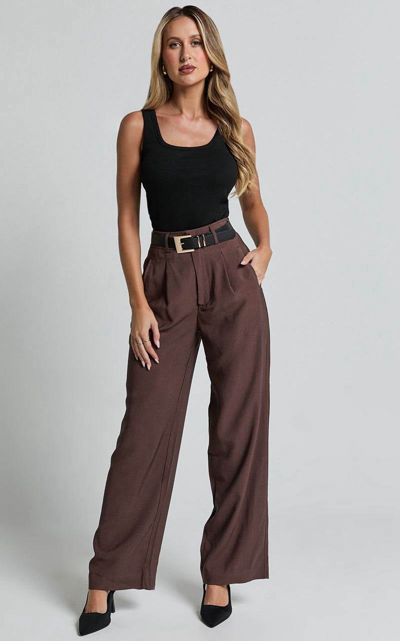 Showpo Augustus Pants - High Waisted Wide Leg Tailored Pants Dark Oak | DTJGQN970