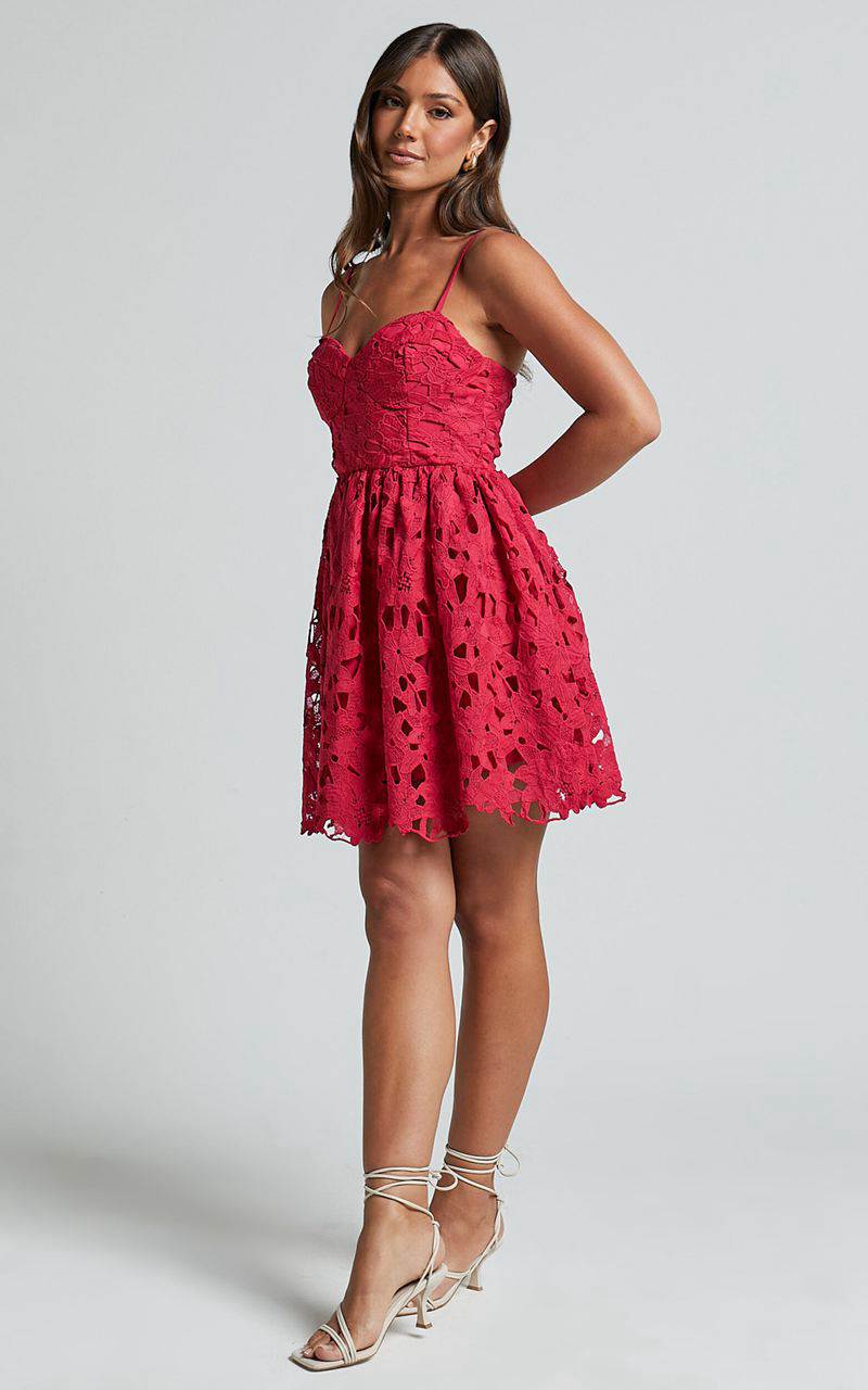 Showpo Auriana Mini Dress - Sweetheart Fit & Flare Lace Dress Red | HLSDOW415