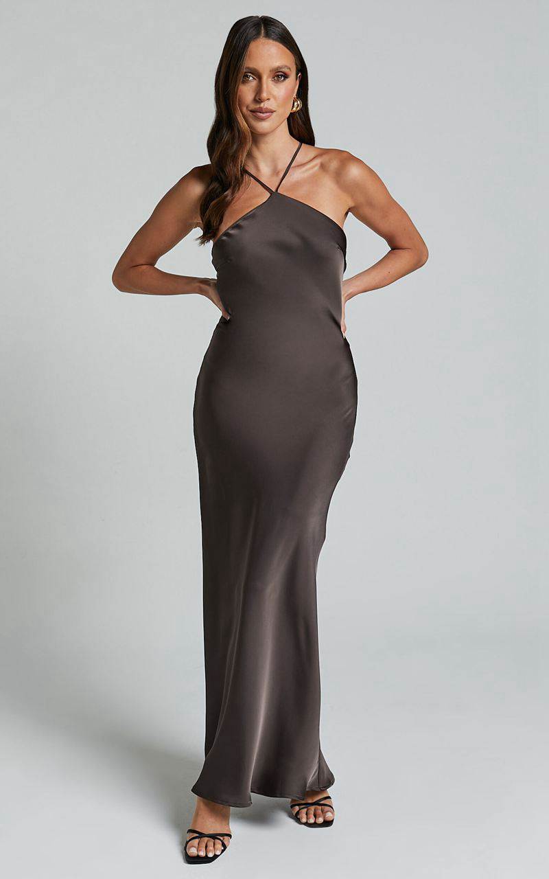 Showpo Aurora Midi Dress - Halter Tie Neck Satin Bias Cut Dress Espresso | XKQLFE980