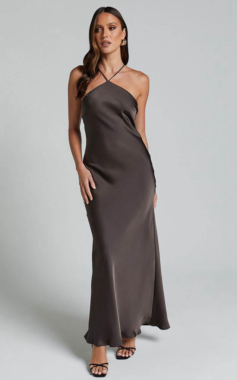 Showpo Aurora Midi Dress - Halter Tie Neck Satin Bias Cut Dress Espresso | XKQLFE980