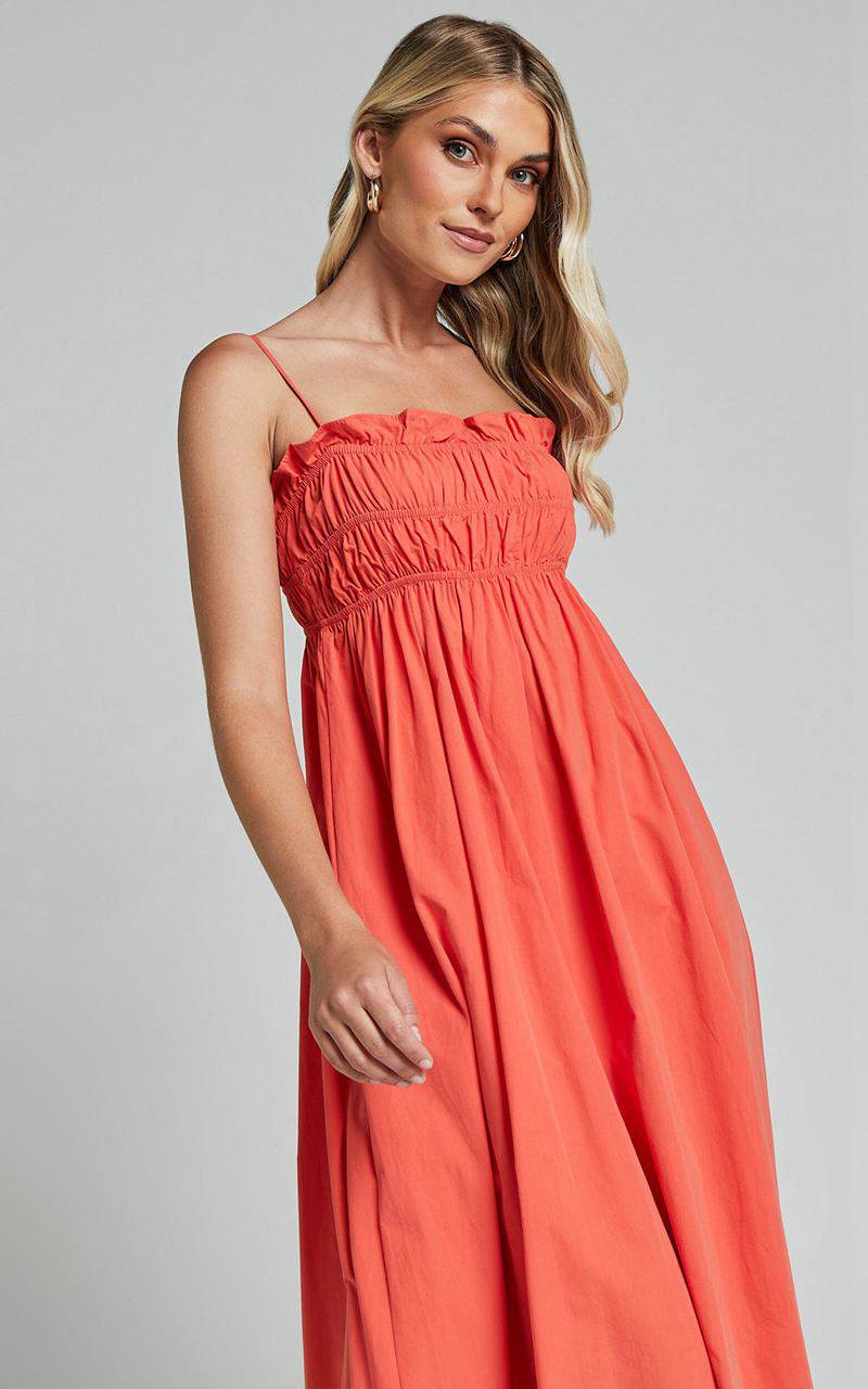 Showpo Aurora Midi Dress - Straight Neckline Sleeveless Dress Orange Red | VWZBNC231