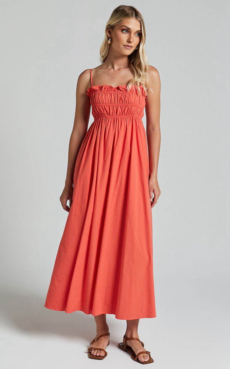 Showpo Aurora Midi Dress - Straight Neckline Sleeveless Dress Orange Red | VWZBNC231