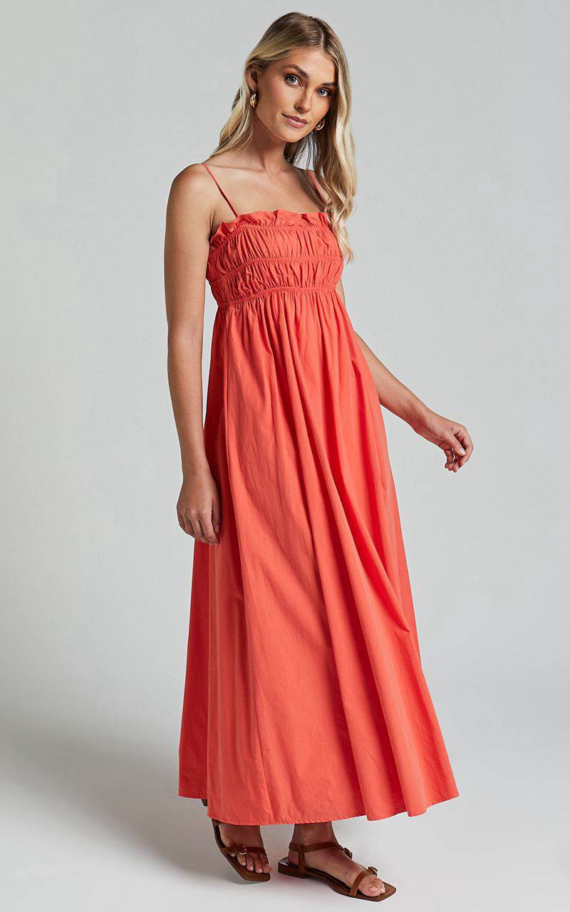 Showpo Aurora Midi Dress - Straight Neckline Sleeveless Dress Orange Red | VWZBNC231