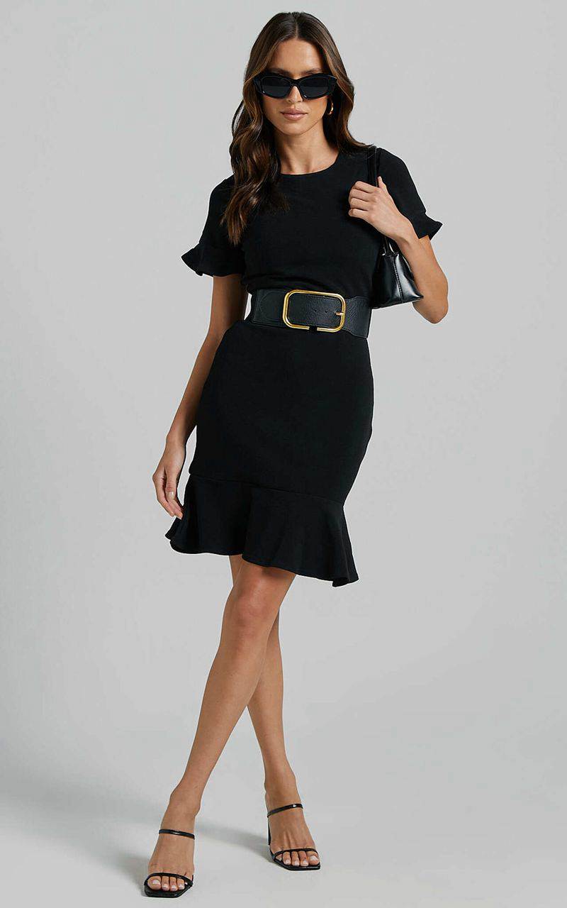 Showpo Authority Mini Dress - Peplum Scoop Neck Short Sleeve Frill Dress Black | BNTVKX093