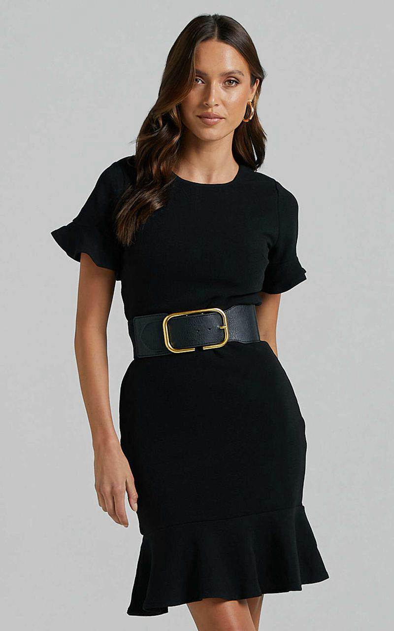 Showpo Authority Mini Dress - Peplum Scoop Neck Short Sleeve Frill Dress Black | BNTVKX093