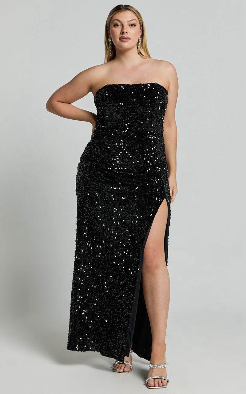 Showpo Ava Maxi Dress - Strapless High Split Sequin Dress Black | PNRSGC960