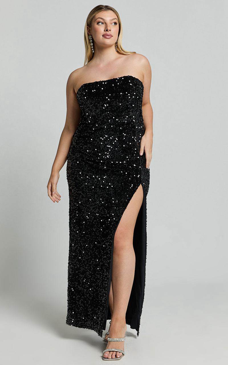 Showpo Ava Maxi Dress - Strapless High Split Sequin Dress Black | PNRSGC960