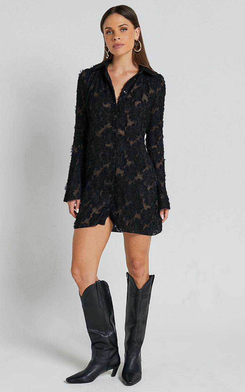 Showpo Ava Mini Dress - Long Sleeve Fitted Clipped Jacquard Dress Black | ECGXAN178