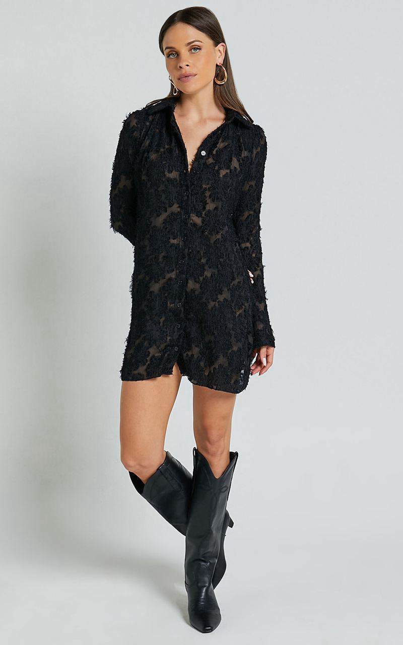 Showpo Ava Mini Dress - Long Sleeve Fitted Clipped Jacquard Dress Black | ECGXAN178