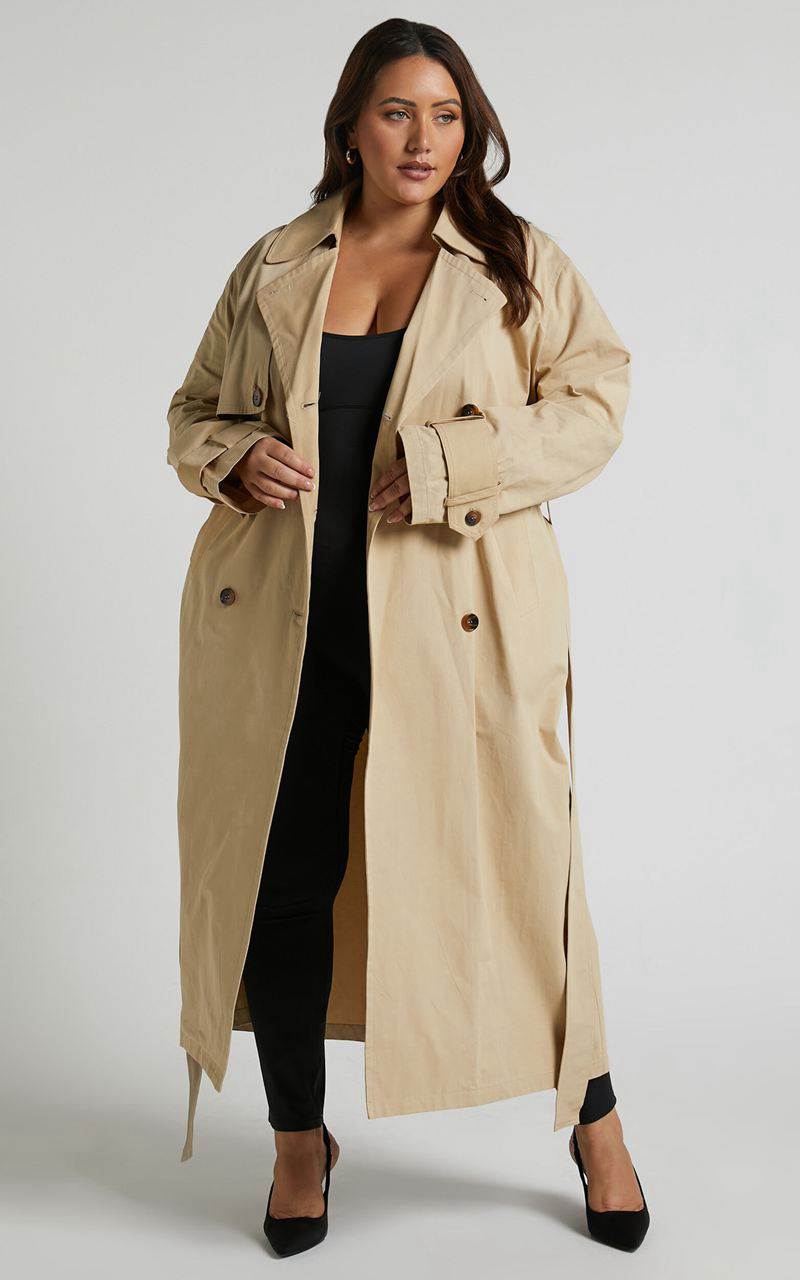 Showpo Avah Trench Coat - Double Breasted Tie Waist Coat Camel | XIWTPS361