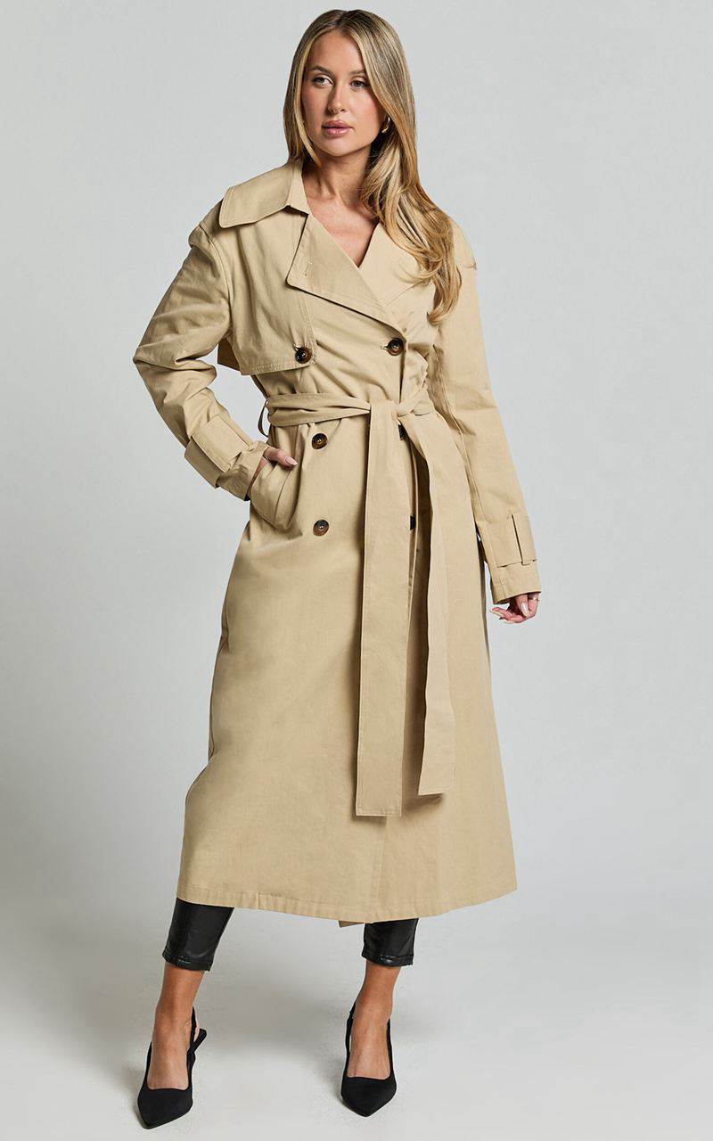 Showpo Avah Trench Coat - Double Breasted Tie Waist Coat Camel | XIWTPS361