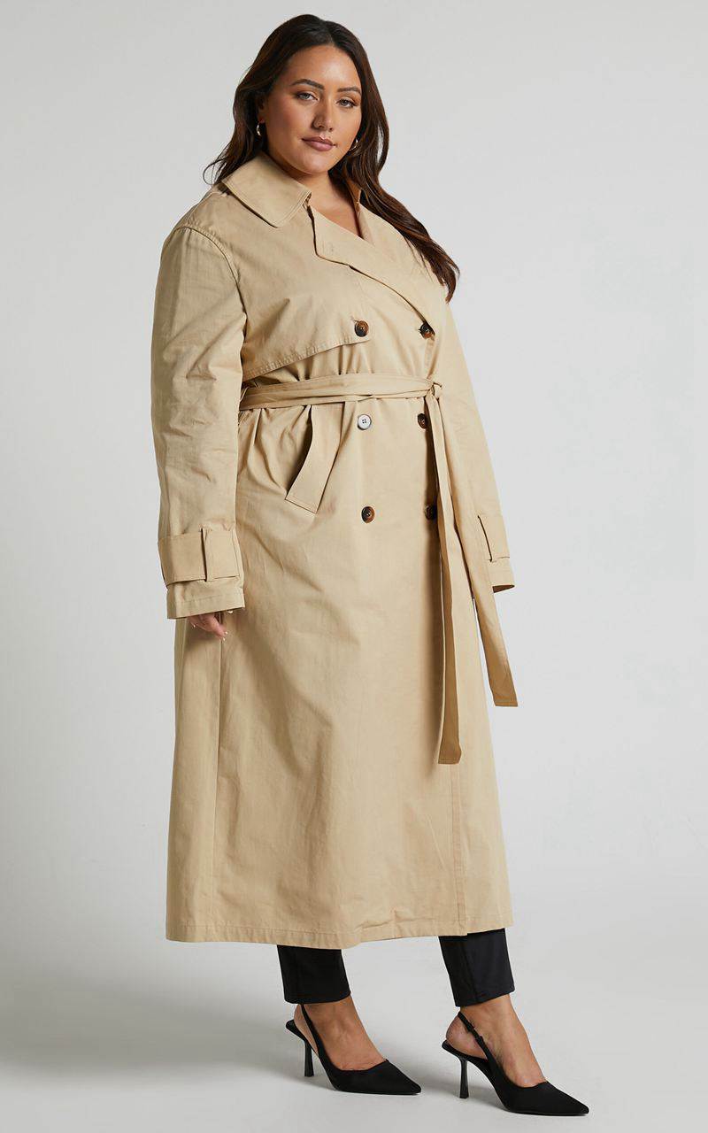 Showpo Avah Trench Coat - Double Breasted Tie Waist Coat Camel | XIWTPS361