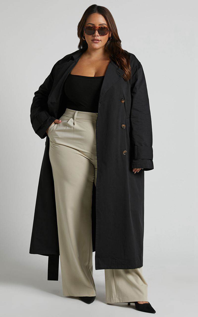 Showpo Avah Trench Coat - Double Breasted Tie Waist Coat Black | LXINDH801