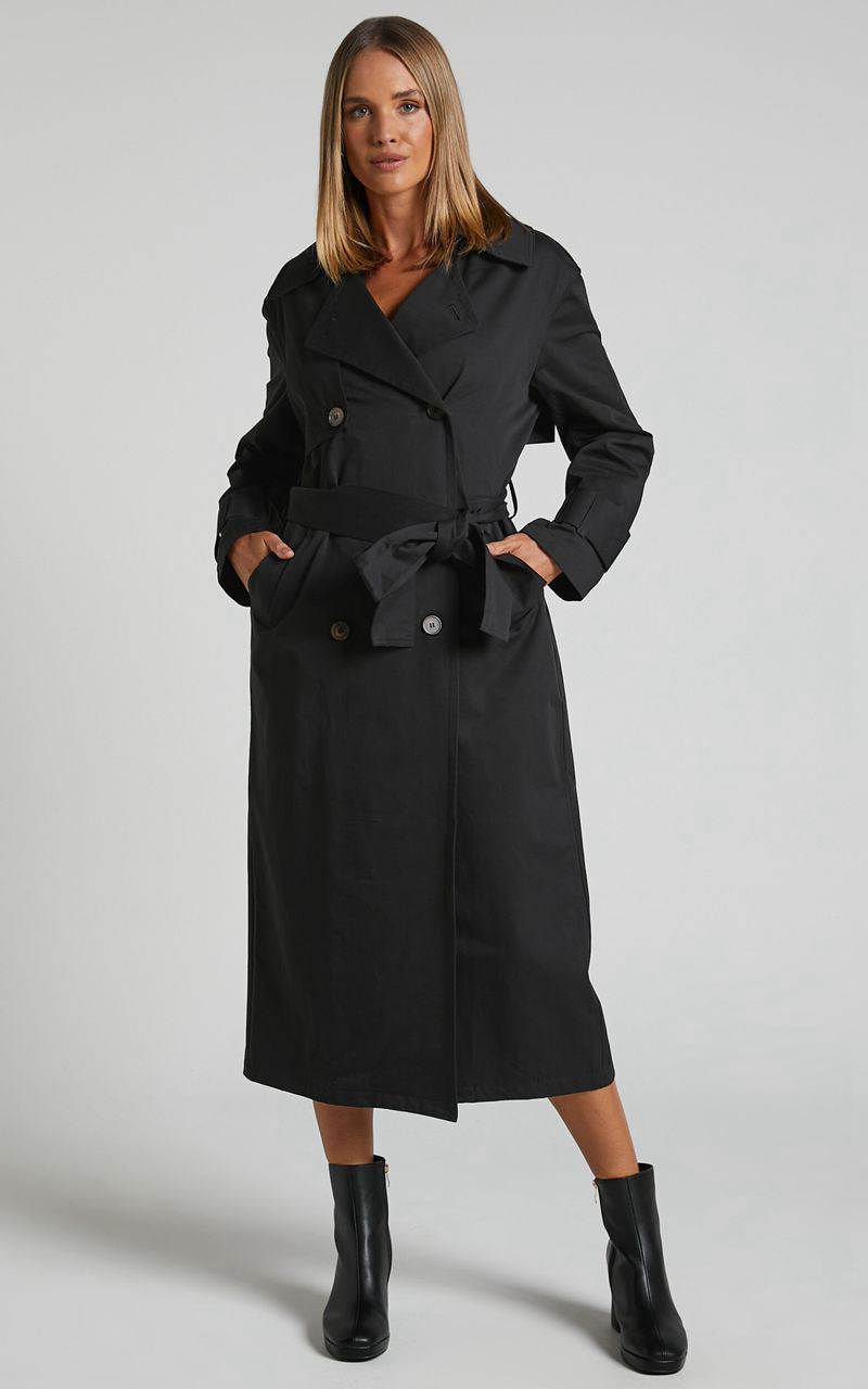 Showpo Avah Trench Coat - Double Breasted Tie Waist Coat Black | LXINDH801