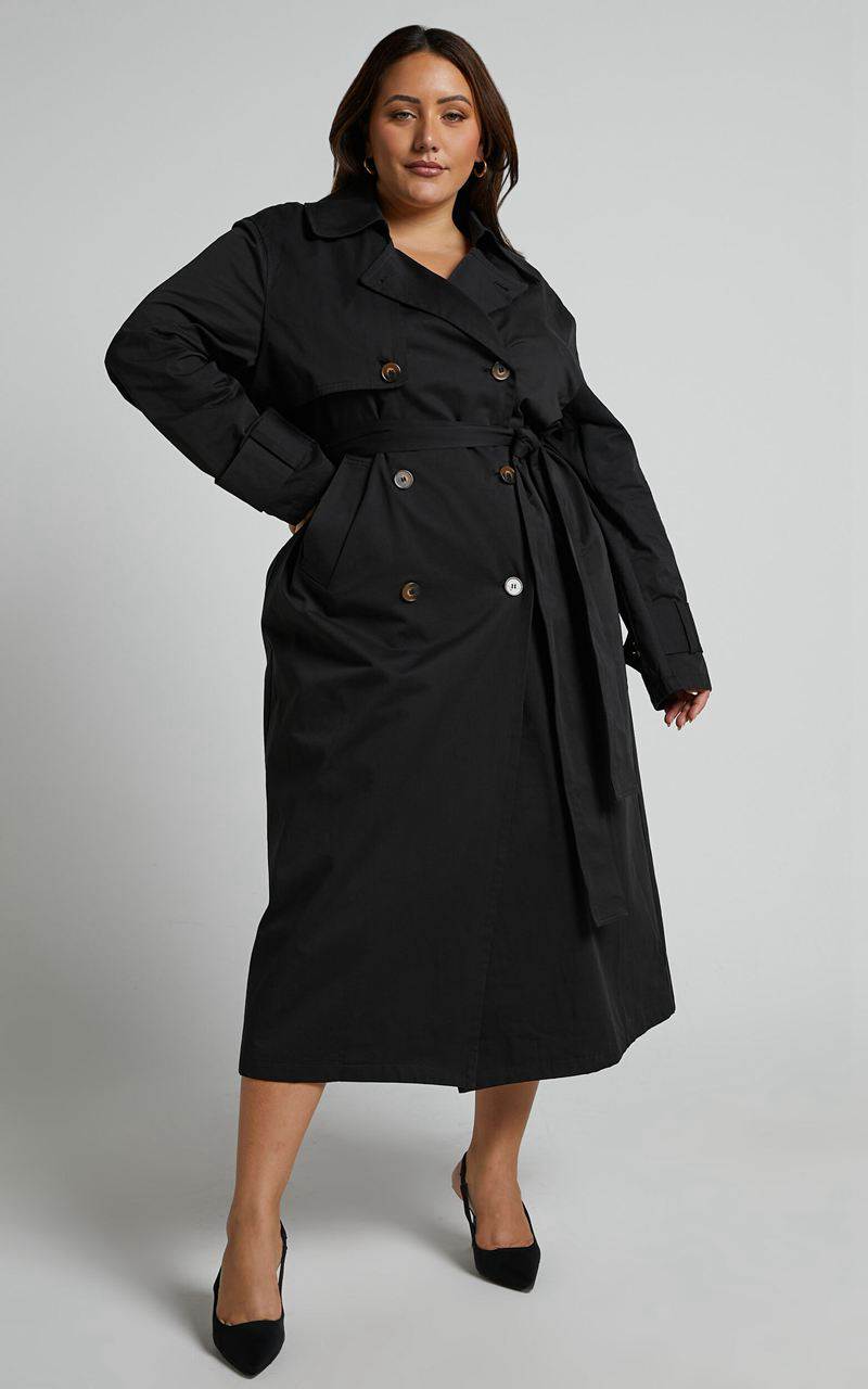 Showpo Avah Trench Coat - Double Breasted Tie Waist Coat Black | LXINDH801