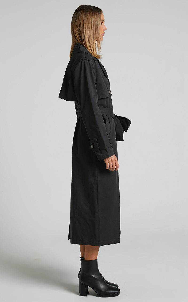 Showpo Avah Trench Coat - Double Breasted Tie Waist Coat Black | LXINDH801