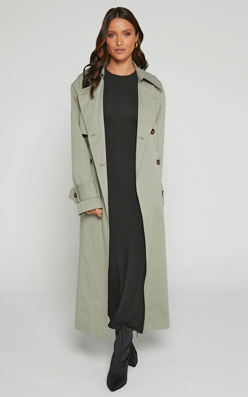 Showpo Avah Trench Coat - Double Breasted Tie Waist Coat Washed Khaki | BOLXDH830