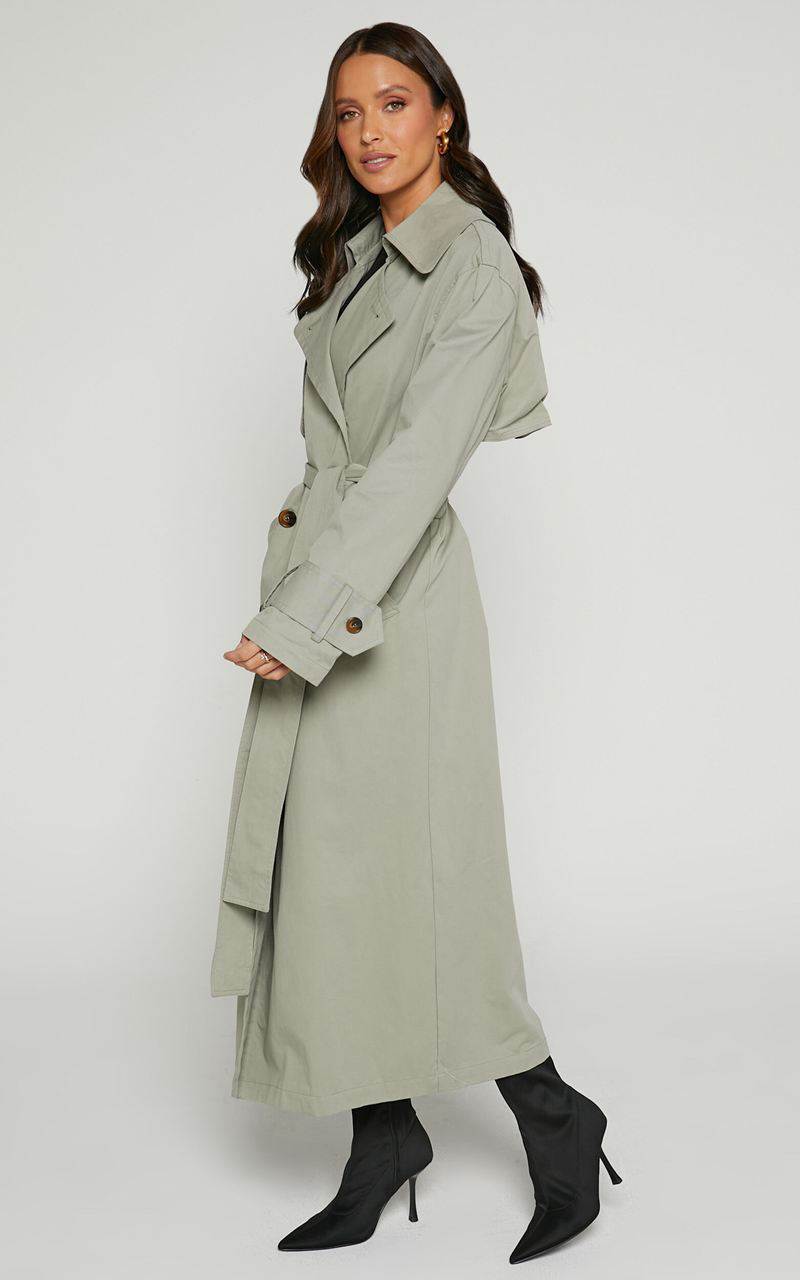 Showpo Avah Trench Coat - Double Breasted Tie Waist Coat Washed Khaki | BOLXDH830